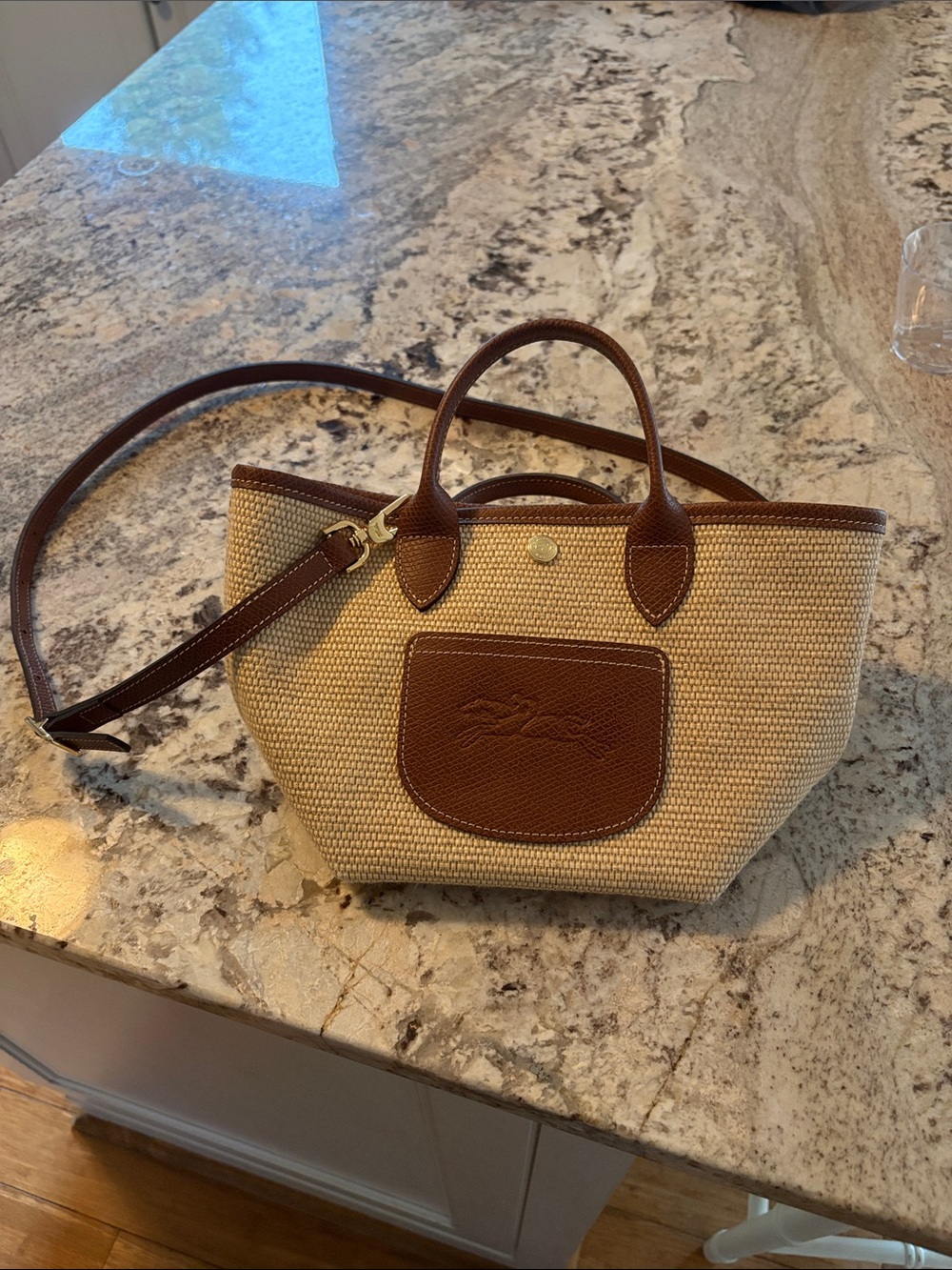 Longchamp Beige Woven Mini Bag with Brown Leather Trim